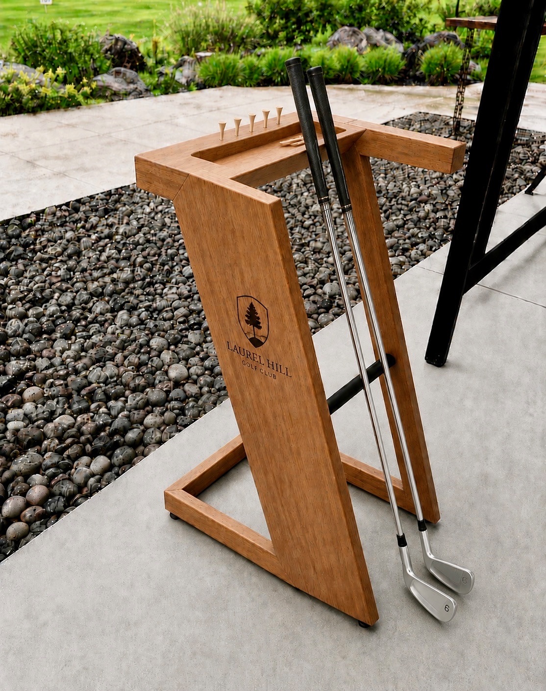 Wooden range caddie club stand with engraved Laurel Hill crest and tee holders.