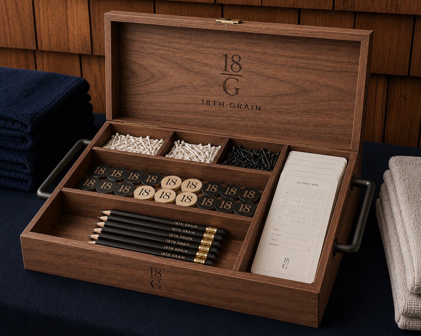 Walnut scorecard box with compartments for tees, ball markers, pencils, and scorecards, engraved with 18th Grain branding.