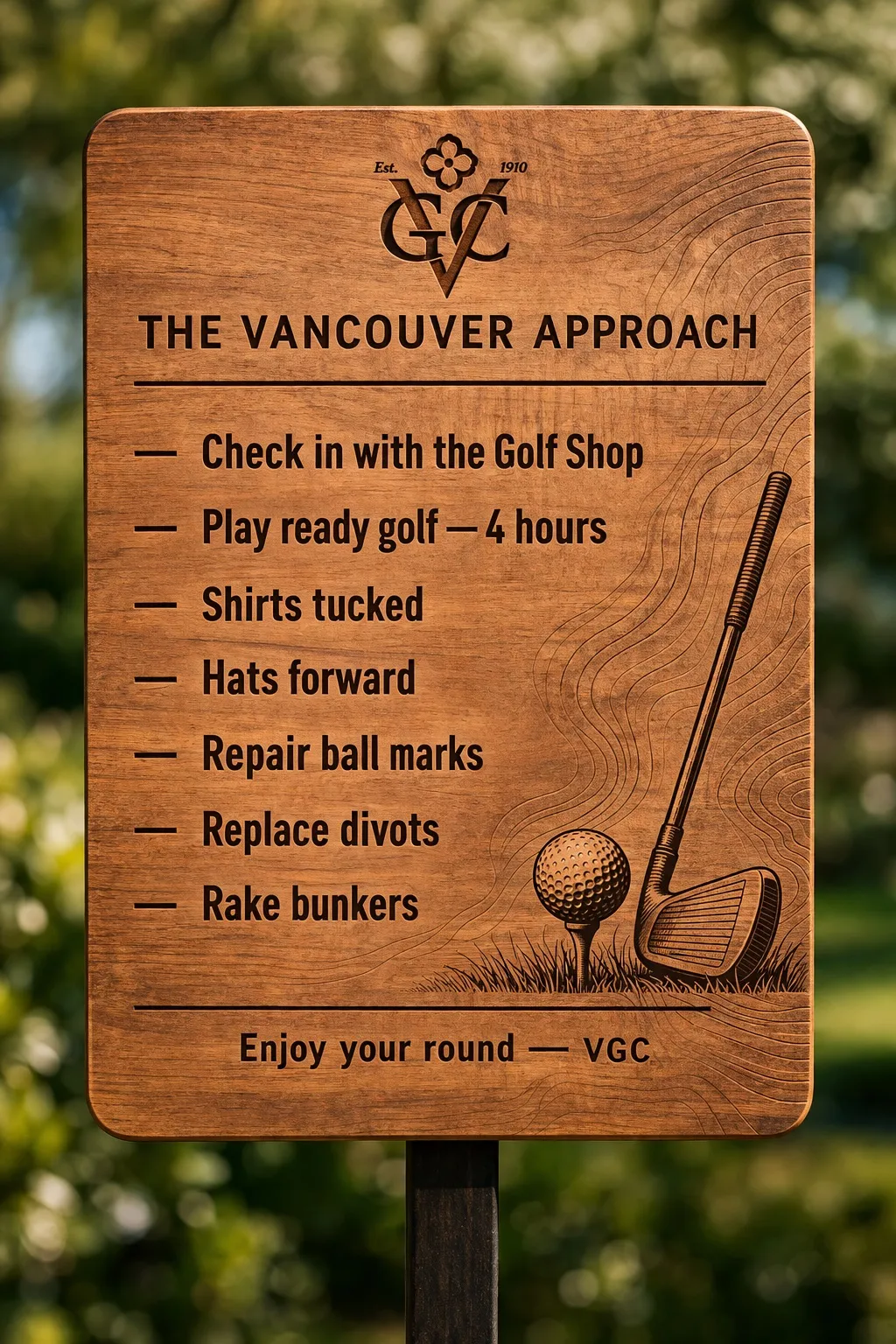 Wooden course etiquette sign with engraved rules and club logo for Vancouver Golf Club, mounted on a single post with greenery behind.