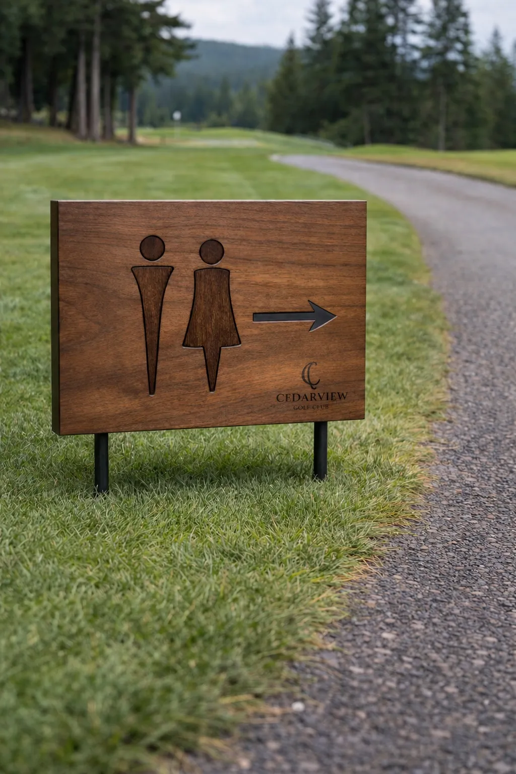 Walnut restroom wayfinding sign with engraved pictograms and directional arrow for Cedarview Golf Club, on steel legs beside a cart path.