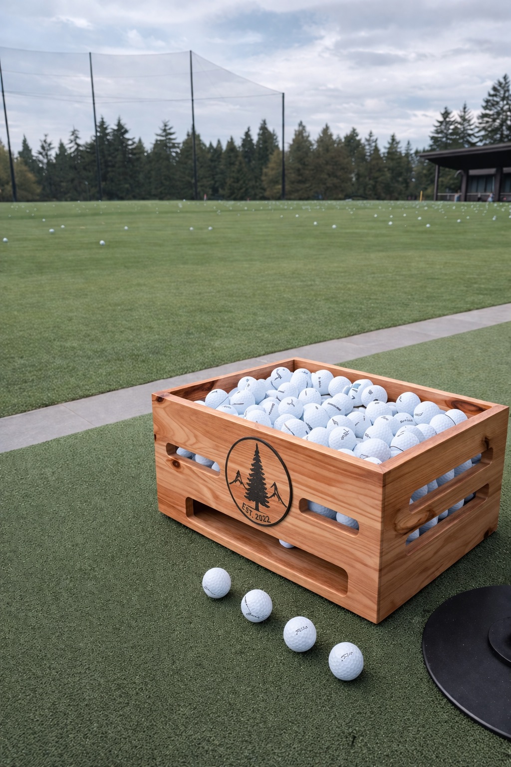 Custom wooden range ball basket with engraved club logo, filled with golf balls on a driving range.