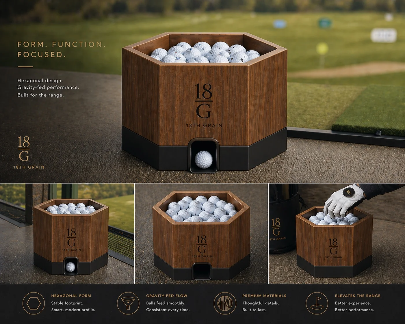 Hexagonal wood range ball dispenser with gravity-fed dispensing slot, shown from multiple angles on a driving range.