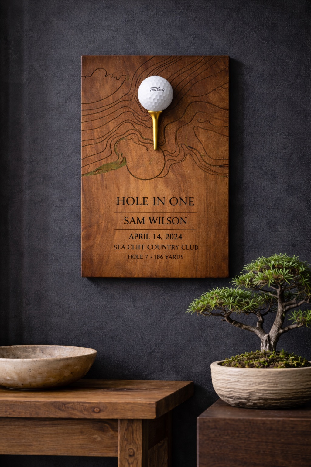 Walnut hole-in-one plaque with engraved topographic contour lines, golf ball on gold tee, mounted on a dark wall beside a bonsai tree.