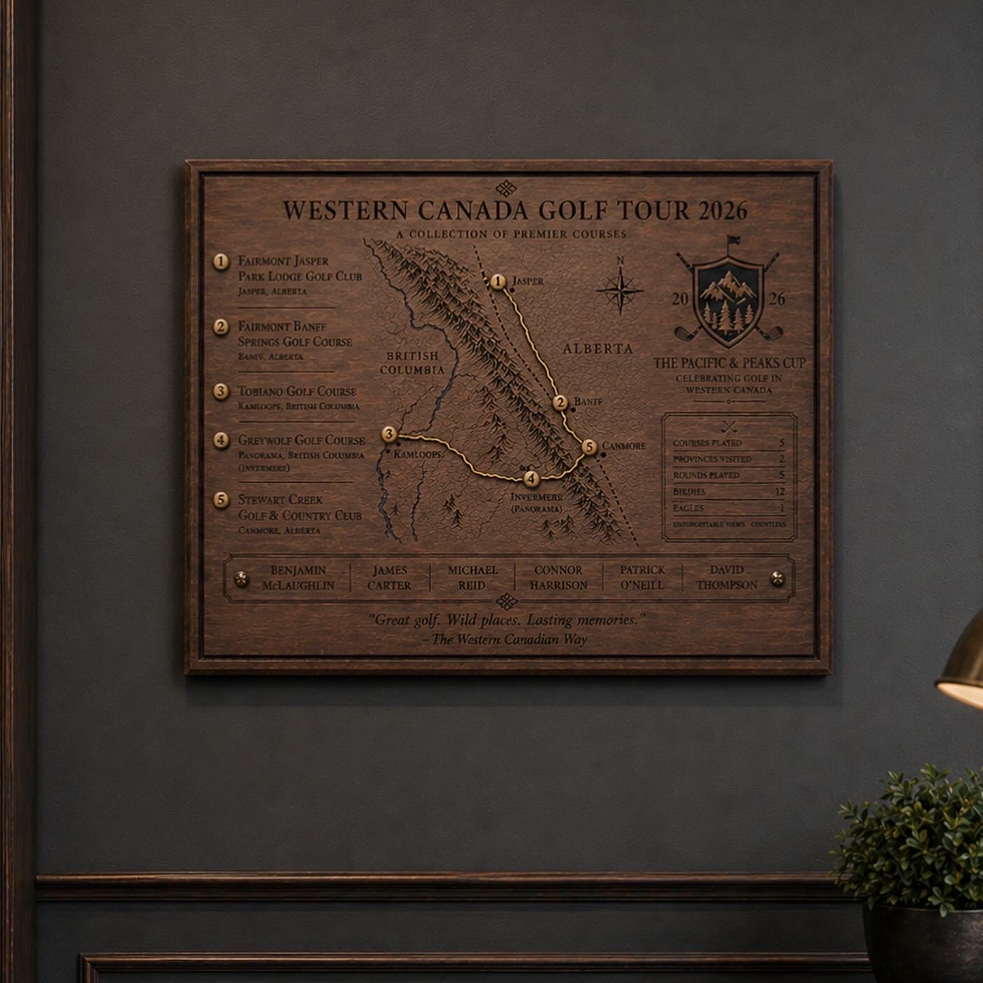 Walnut commemorative plaque for the Western Canada Golf Tour 2026, with engraved map, course list, player names, and tournament crest.