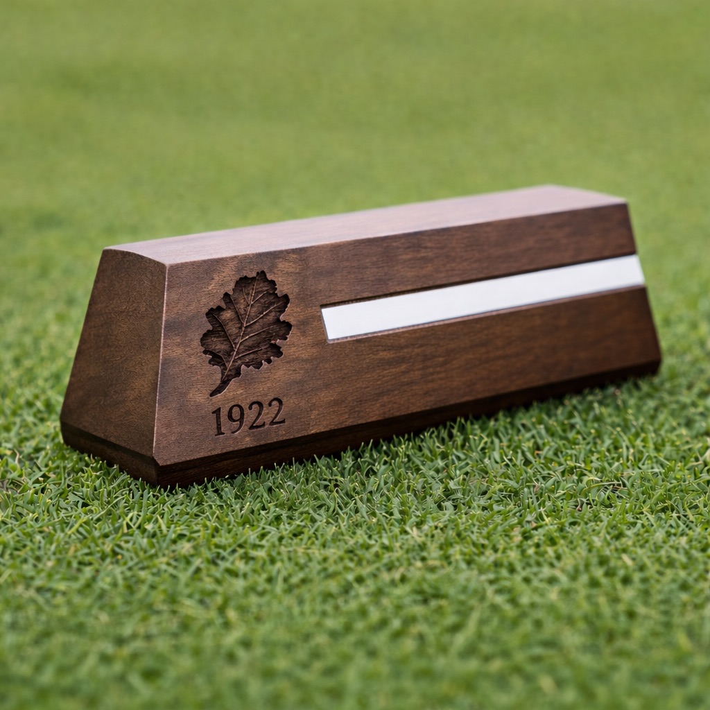 Walnut trapezoidal tee marker with white inlay stripe and oak leaf engraving.
