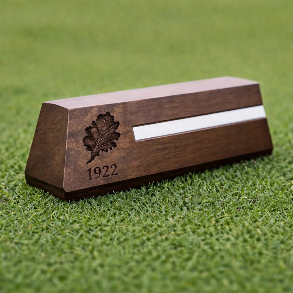 Walnut trapezoidal tee marker with oak leaf engraving.