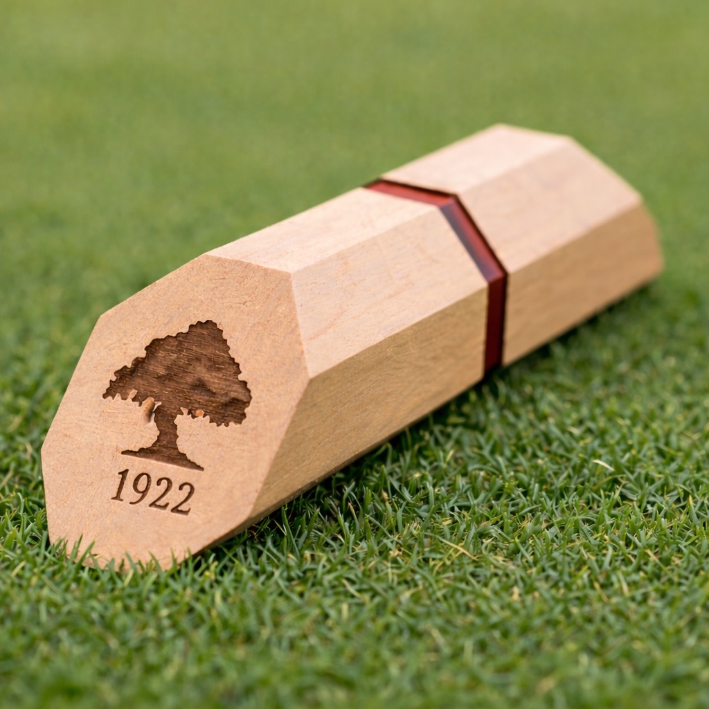 Light maple hexagonal tee marker with red inlay stripe, engraved tree logo and 1922 date mark, on turf.