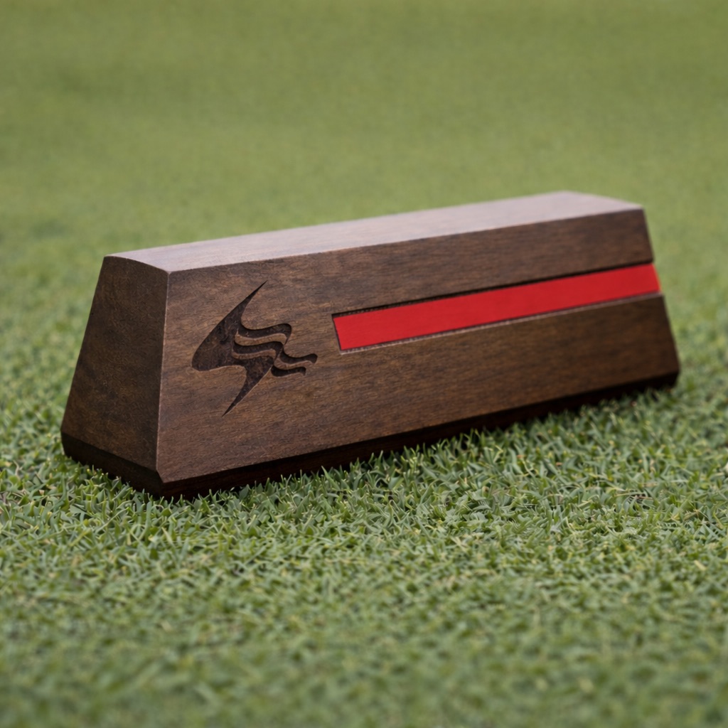 Dark walnut rectangular tee marker with red inlay stripe and stylized course logo.