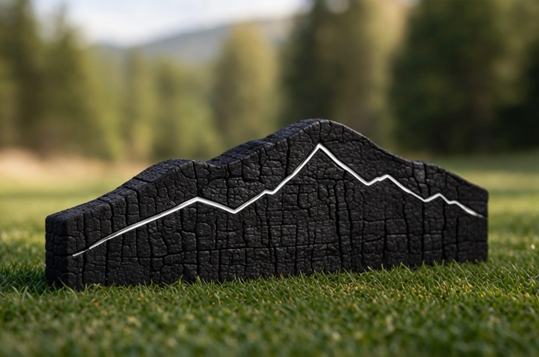 Charred wood tee marker with a white metal mountain ridge line inlay, showing dramatic mountain silhouette profile.