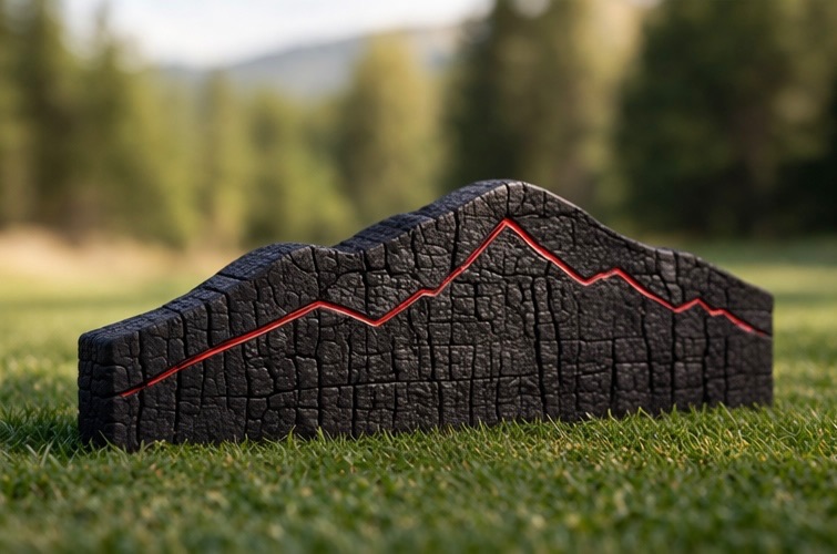 Charred wood mountain silhouette tee marker with red metal ridge line inlay, on turf with trees behind.