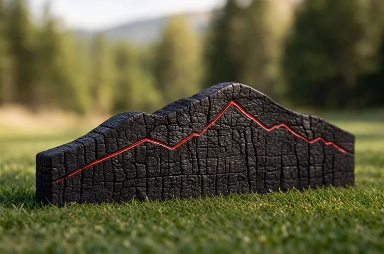 Charred wood mountain silhouette tee marker on turf with trees behind.