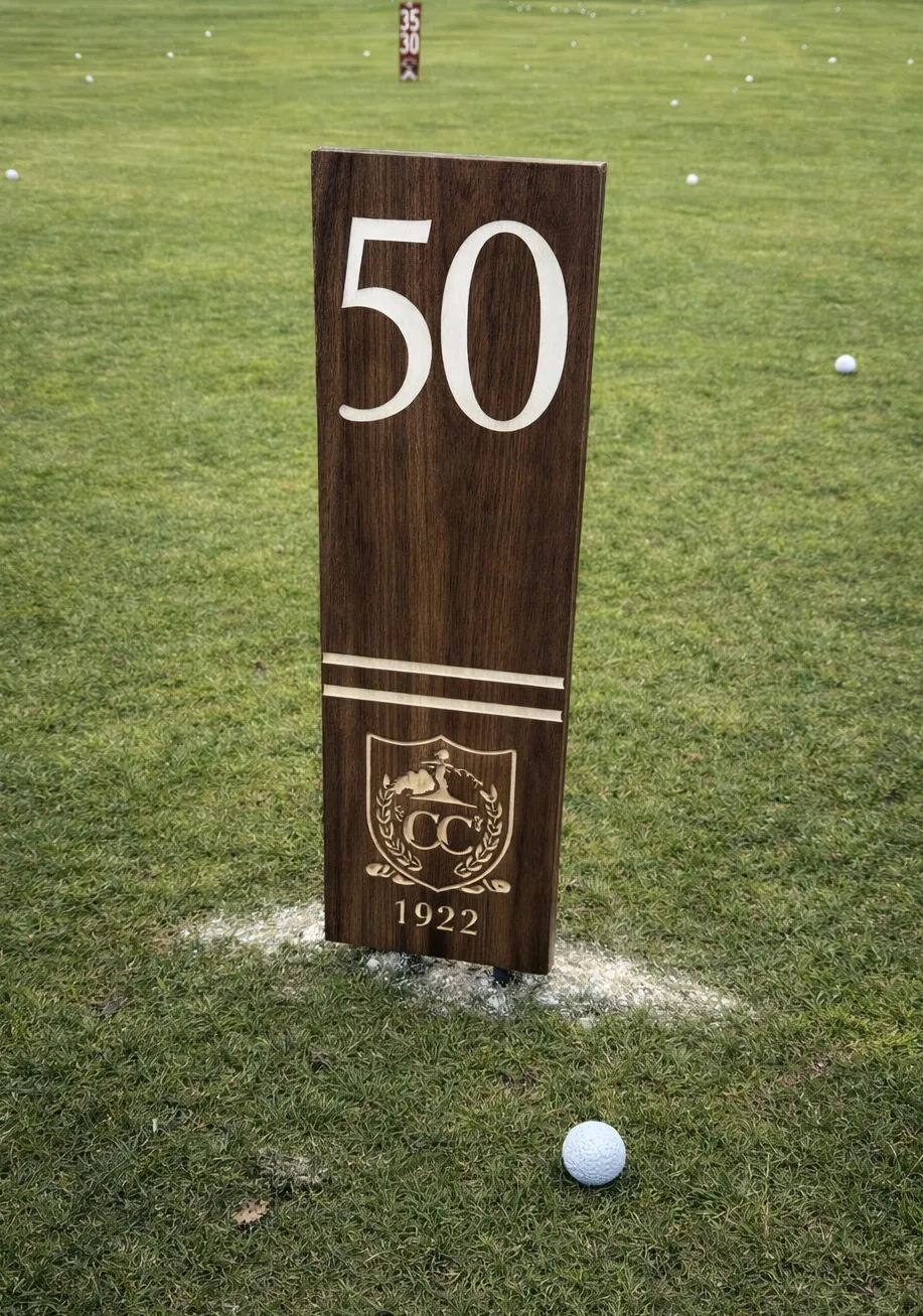 Walnut yardage marker with engraved 50-yard distance, club crest and 1922 date mark, standing on the driving range.